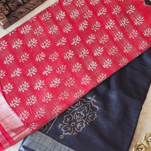 Handblock linen cotton saree-CC4