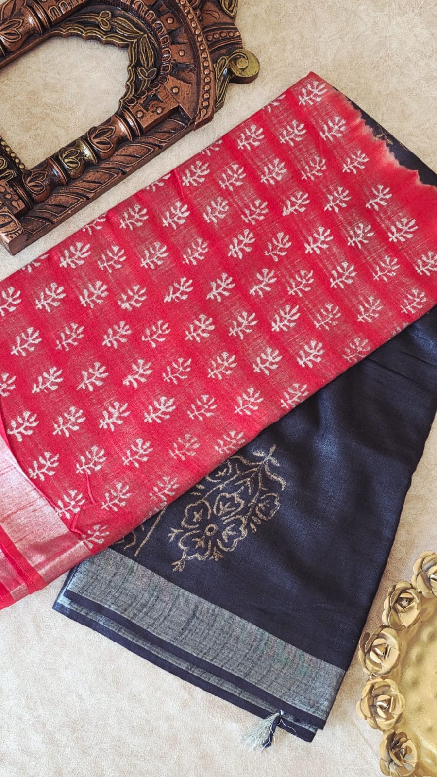 Handblock linen cotton saree-CC4