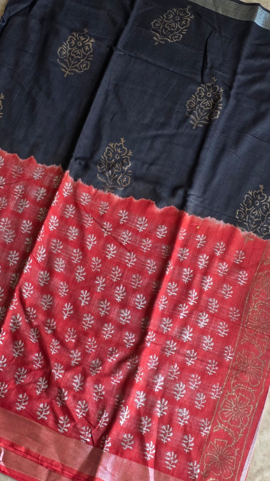 Handblock linen cotton saree-CC4 - Image 2