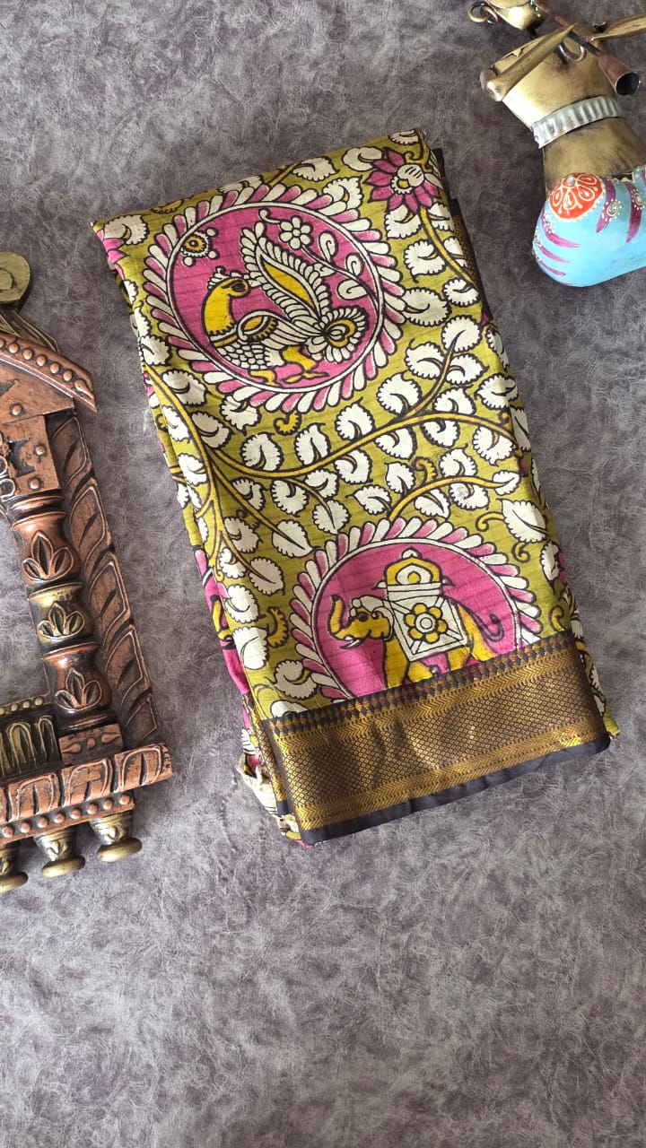 Authentic pure chennuri silk kalamkari saree with nizam border-CB4