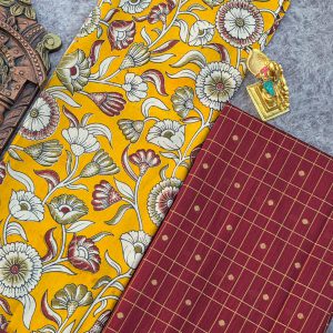 Raw silk top with chennuri silk nizam border kalamkari duppata-ZY46