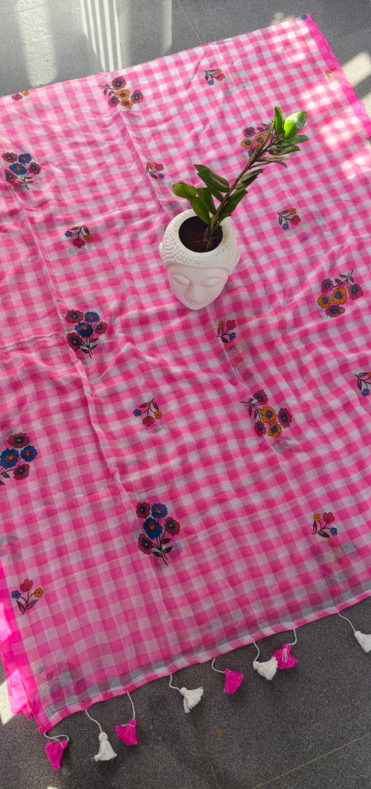 Floral print checks mul cotton saree-MK130