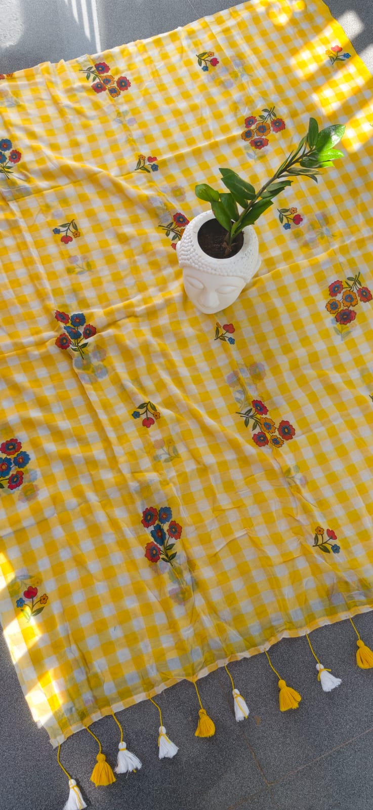 Floral print checks mul cotton saree-MK131