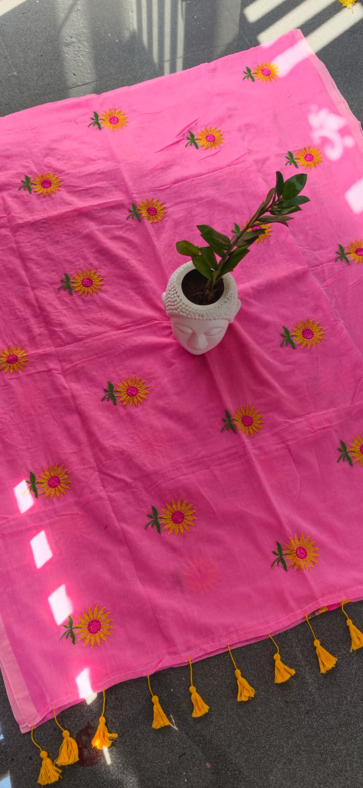 Sunflower embroidery mul cotton saree-MK136