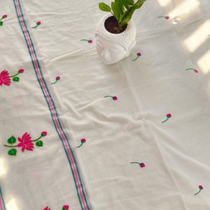Lotus embroidery mul cotton saree-MK141