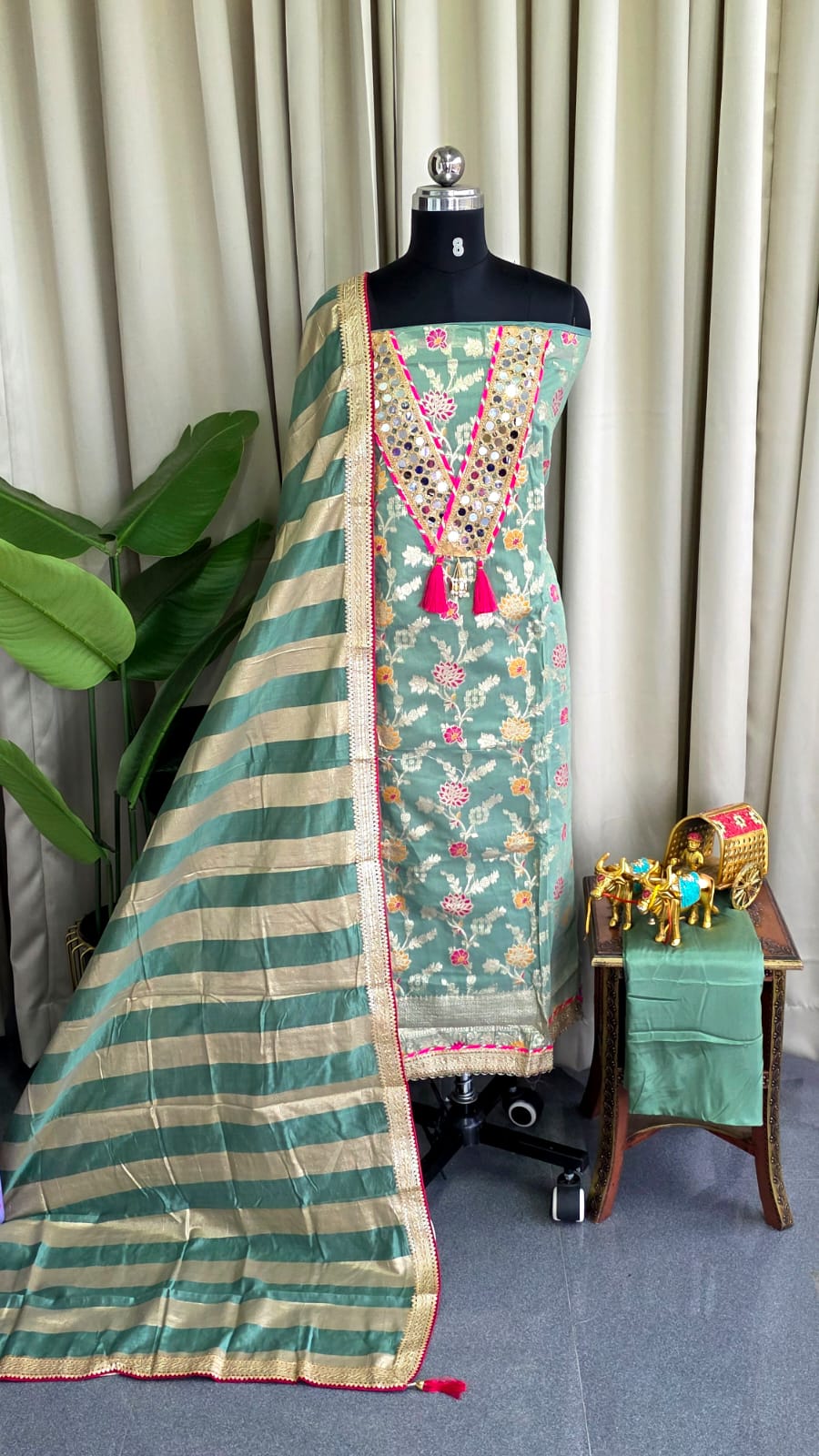 Banarasi salwar with mirror and Lining(Sea green)-BN4