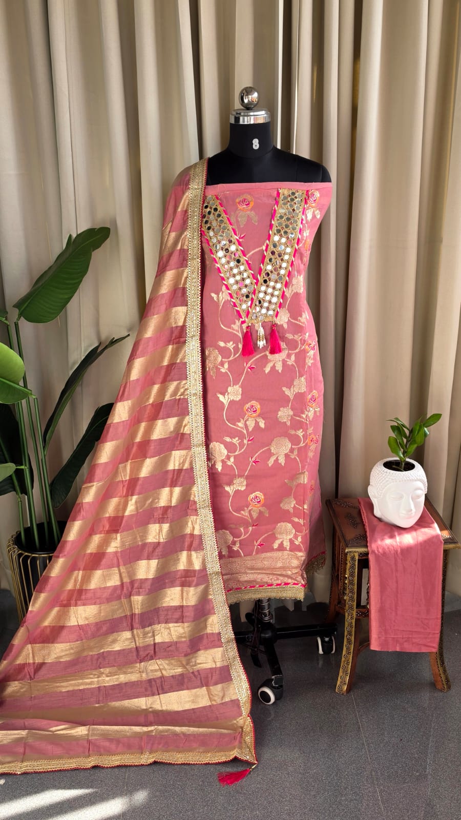 Banarasi silk with mirror work and Lining (Baby pink)-BN8