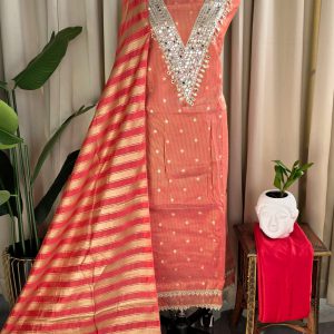 Banarasi silk with mirror work and Lining(peach colour)-BN12