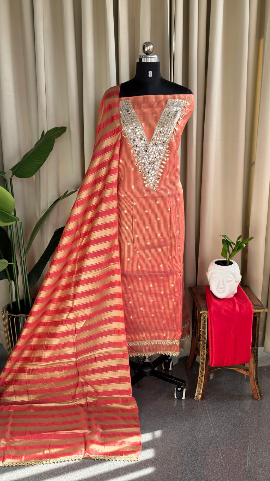 Banarasi silk with mirror work and Lining(peach colour)-BN12