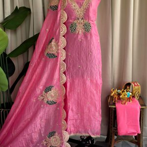 Heavy aari work crushed tissue soft silk salwar with lining -GB2