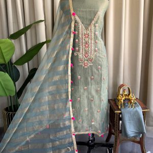 Heavy aari work with pompom crush tissue salwarwith lining-GB5