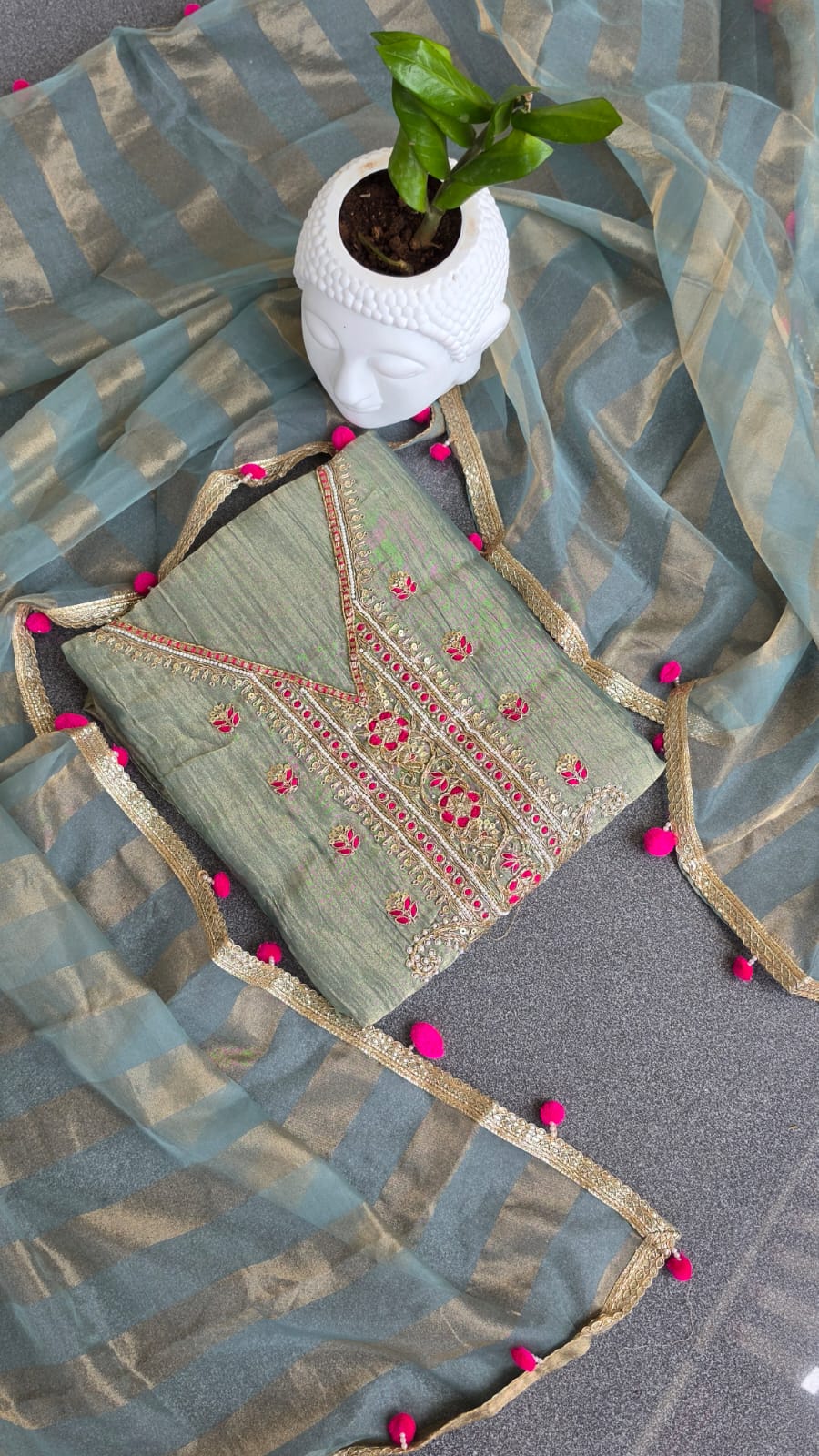 Heavy aari work with pompom crush tissue salwarwith lining-GB5 - Image 2