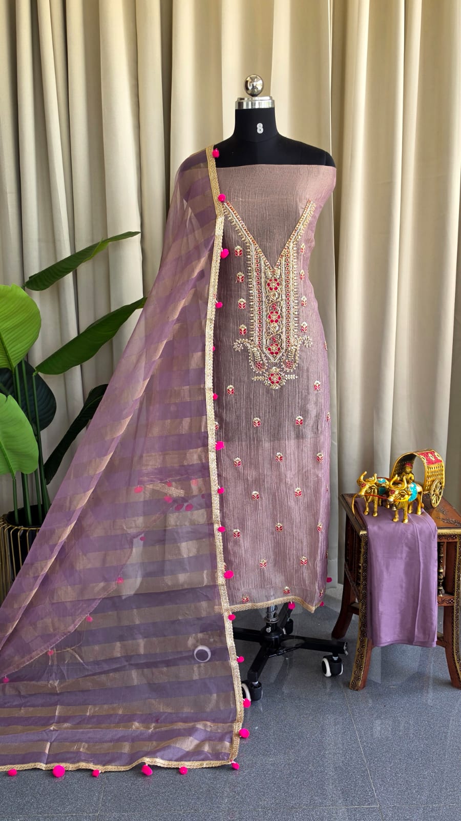 Heavy aari work pompom crush tissue salwar with lining-GB6
