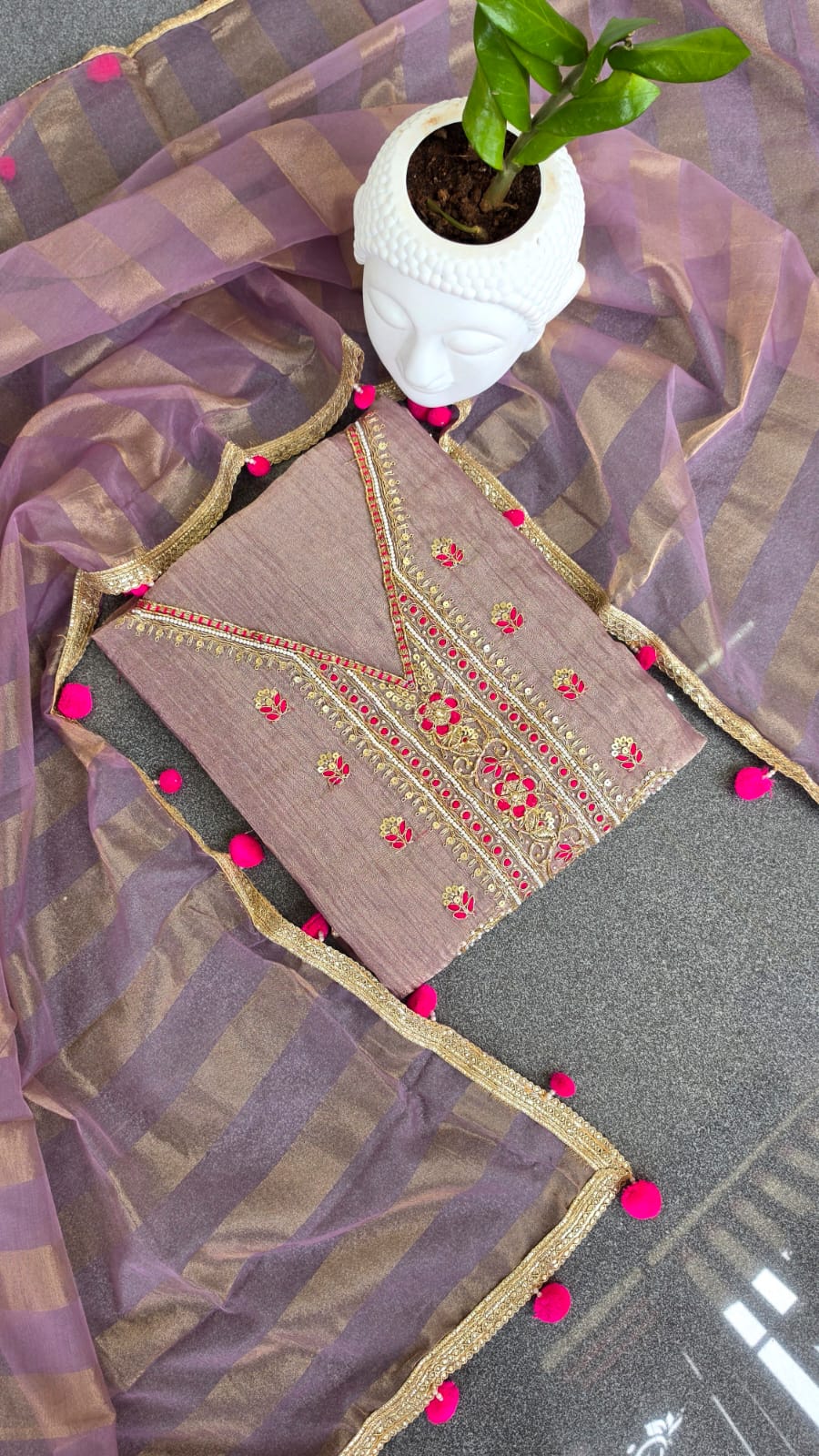 Heavy aari work pompom crush tissue salwar with lining-GB6 - Image 2