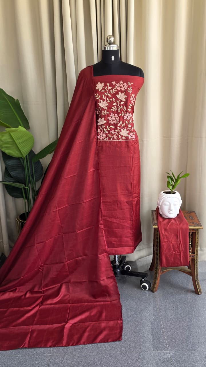 Semi vichitra silk salwar suit with embroidered Yoke(light maroon)-VS49