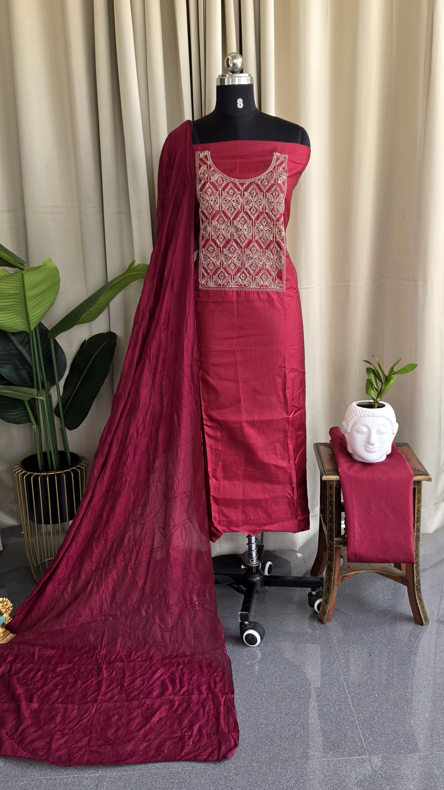 Semi vichitra silk salwar suit with embroidered Yoke(Maroon)-VS53