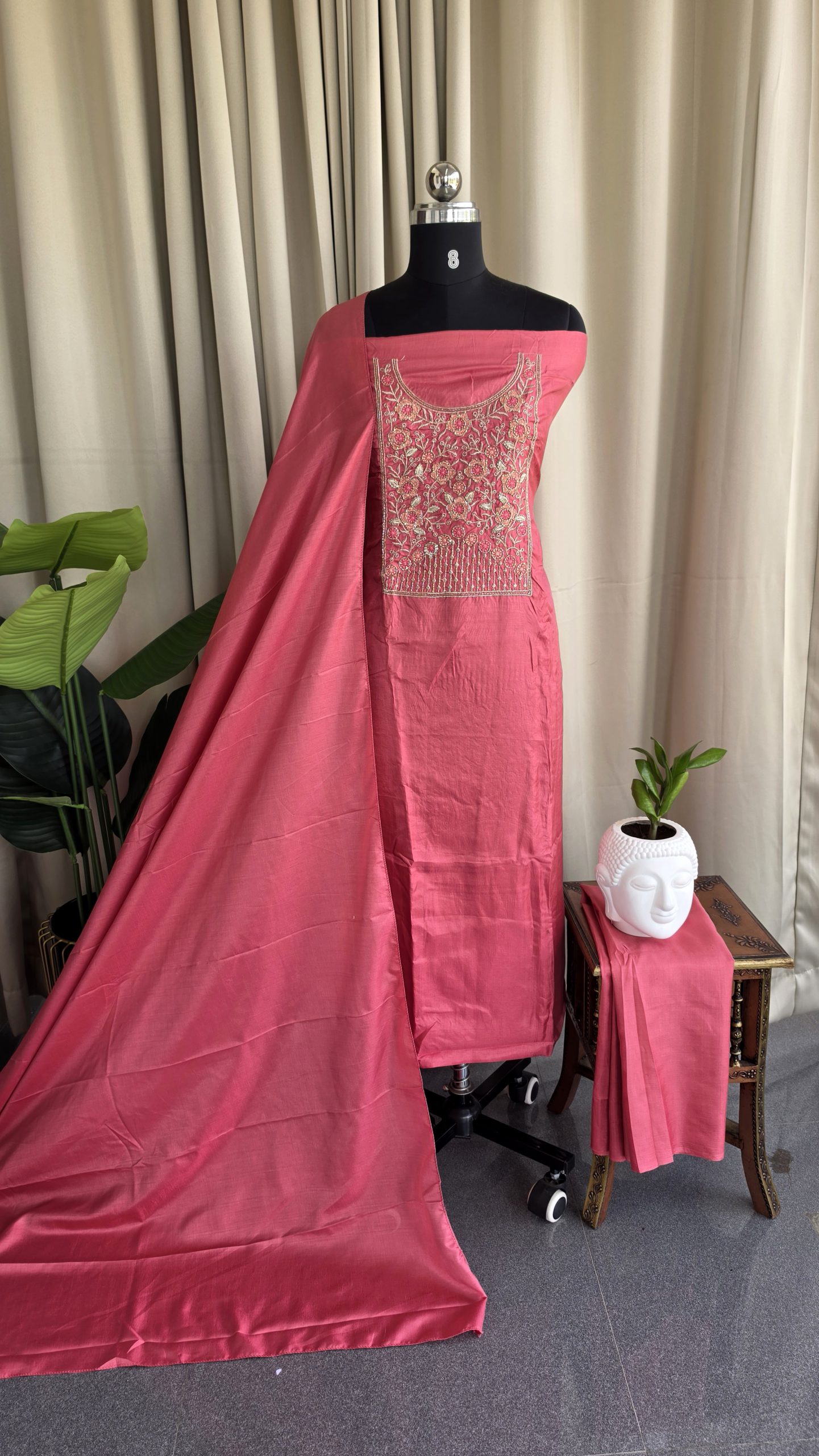 Semi vichitra silk salwar suit with embroidered Yoke(pink)-VS68