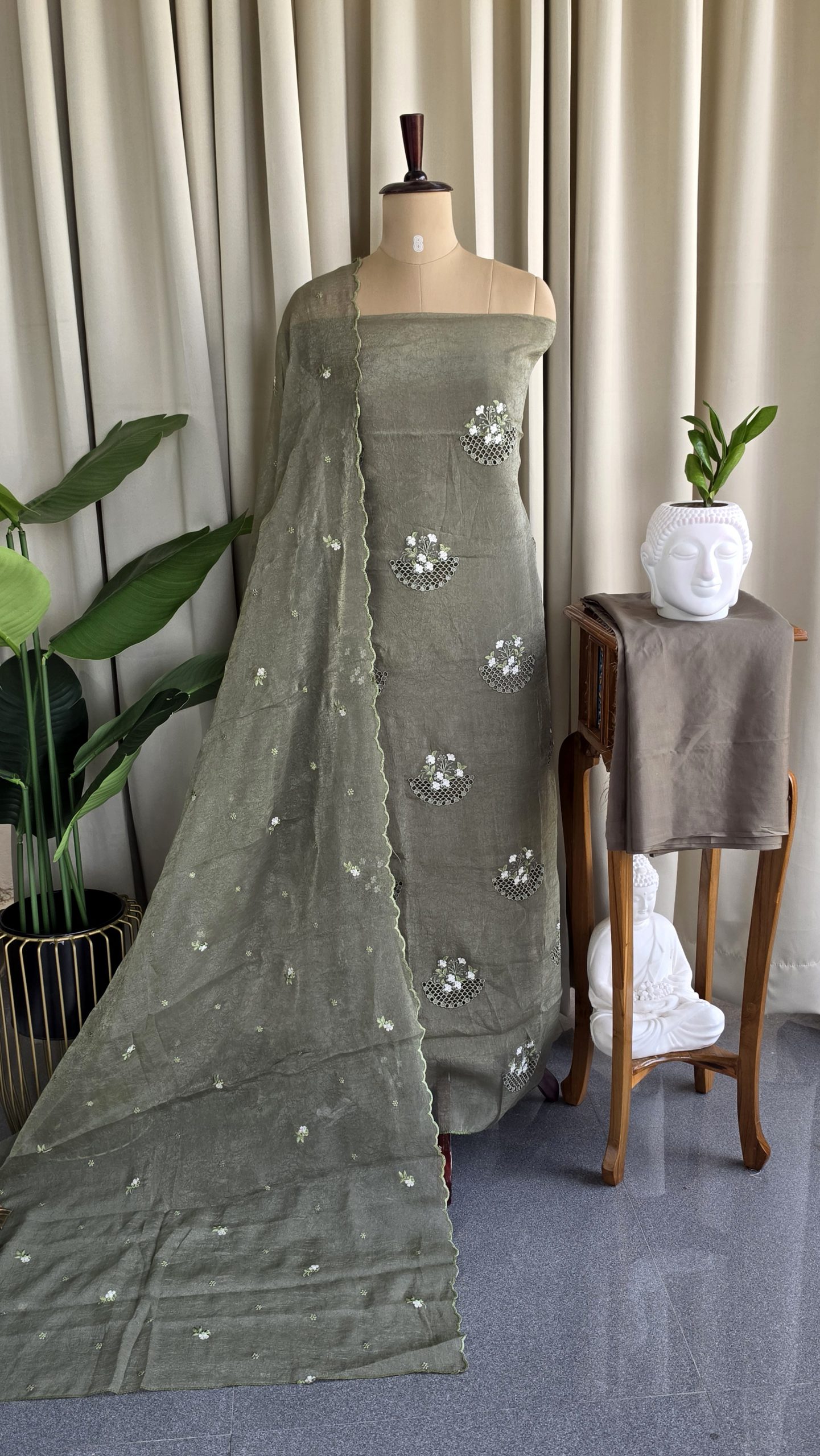 Premium soft crush organza salwar material with lining(Green)-GD2